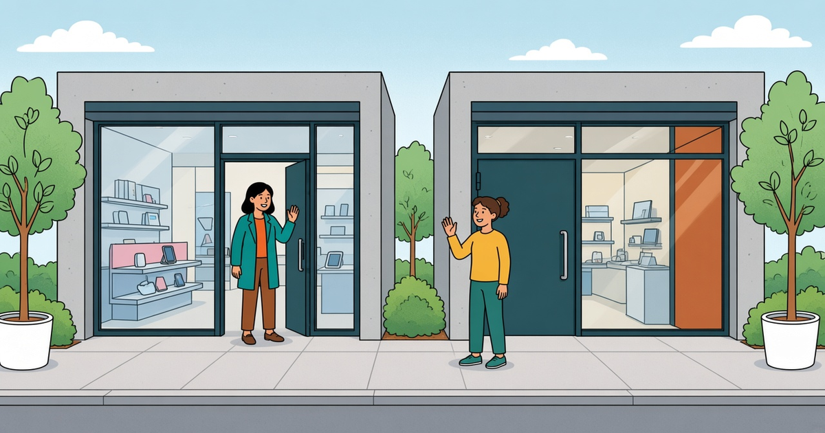 Two neighboring glass storefronts on a quiet street, people waving from each doorway