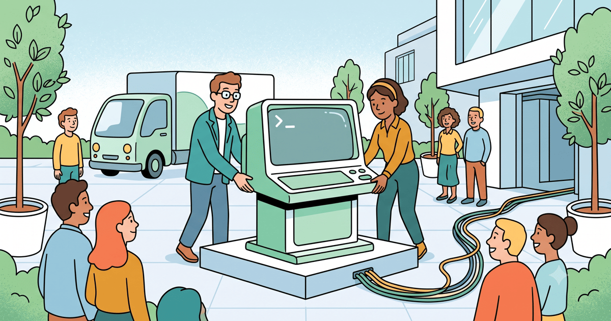 Two people delivering a friendly terminal kiosk to a neighborhood — introducing the Nearbase CLI