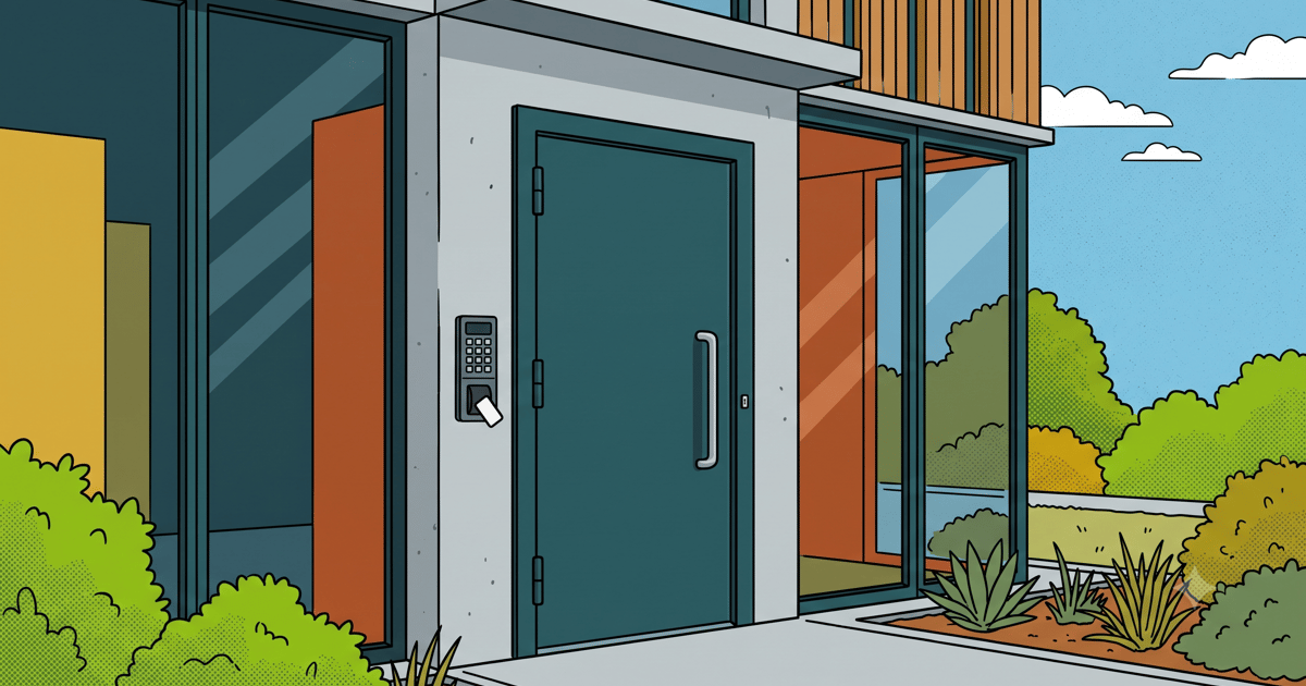 A single keypad-locked entrance to a modern building, illustrating a smaller, safer public surface