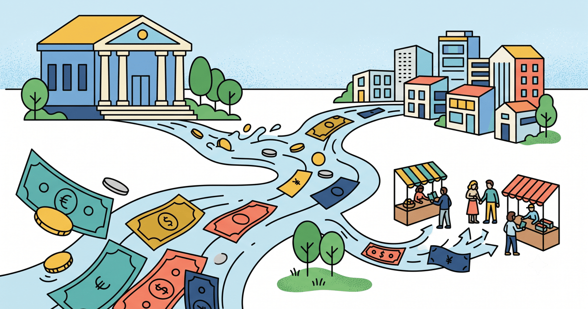 Money flowing from a bank toward a town, illustrating flat, transparent Nearbase pricing