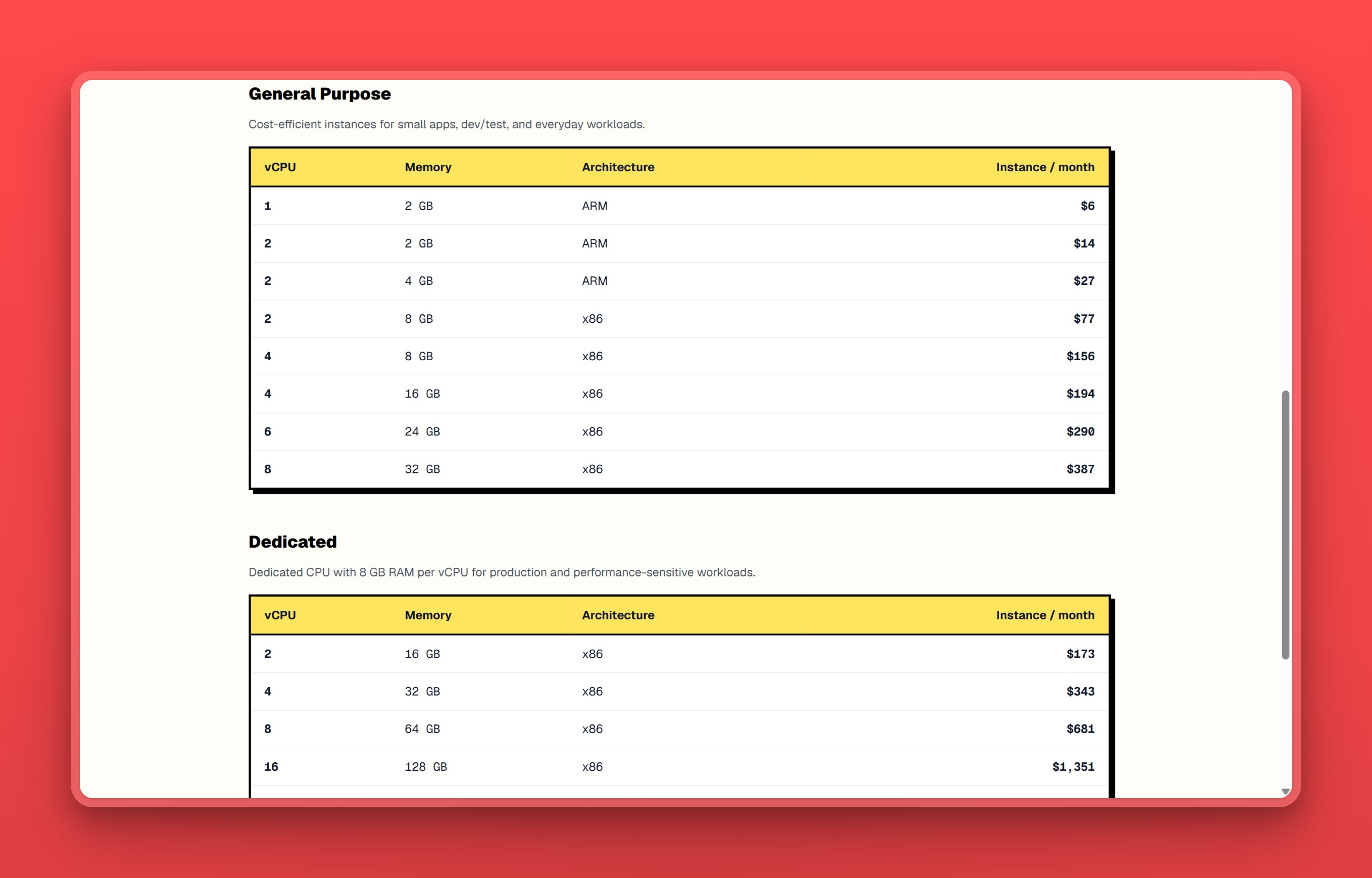 Nearbase pricing page showing the per-SKU instance table from the $6 General Purpose ARM tier up to the largest Dedicated SKU