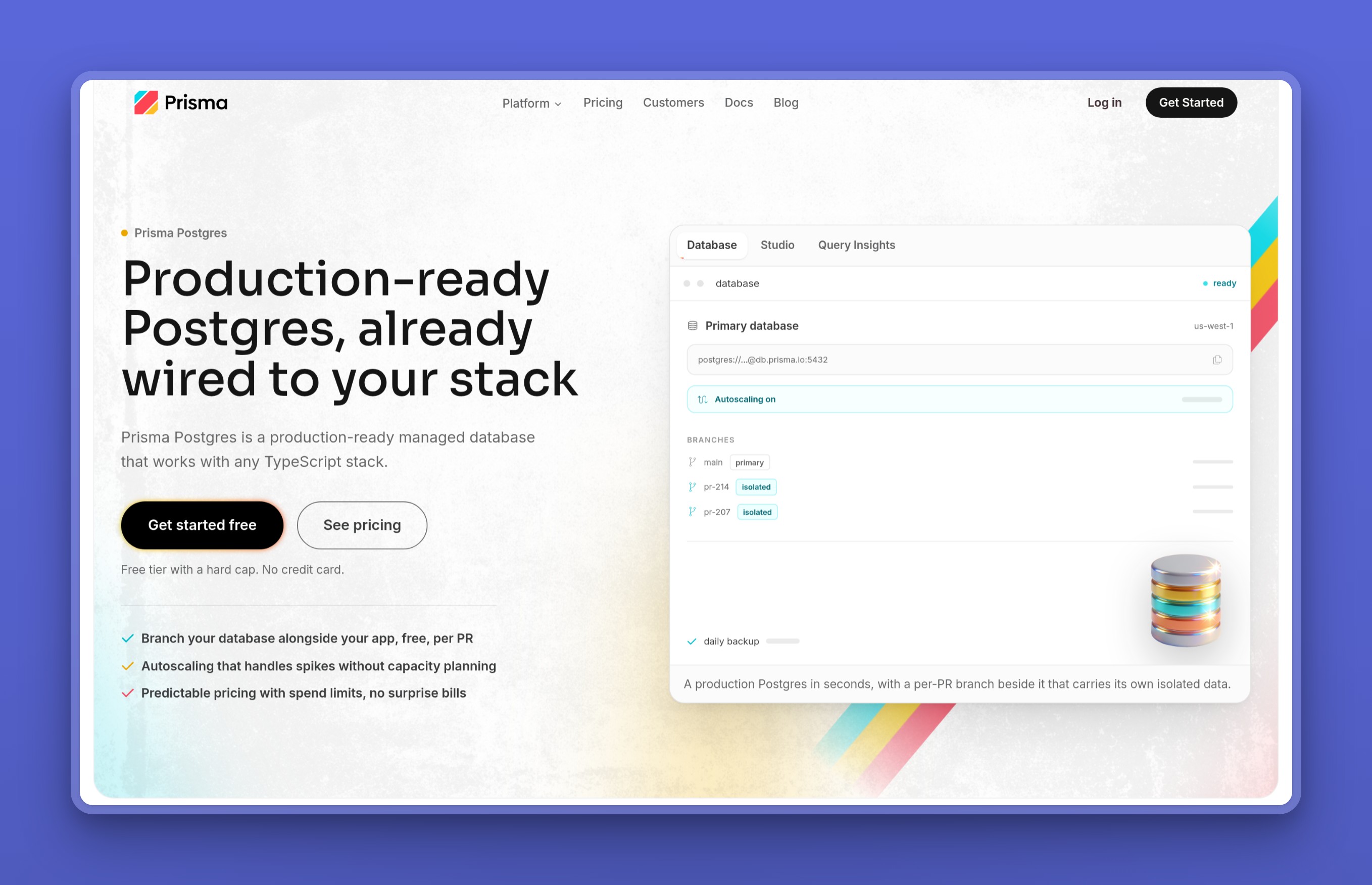 Prisma Postgres product page introducing a production-ready managed database for TypeScript stacks
