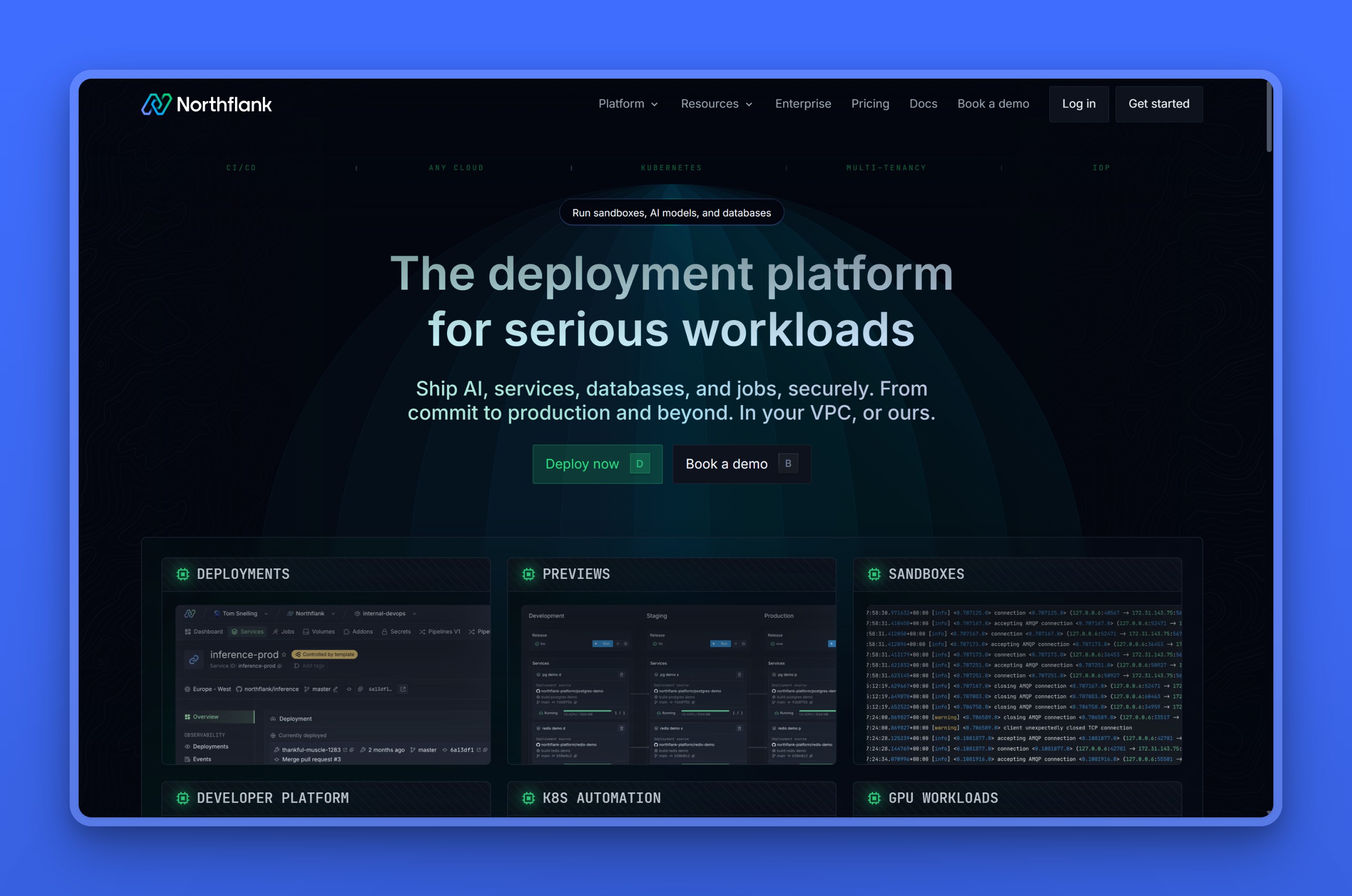Northflank homepage showing its deployment platform with database and sandbox service cards