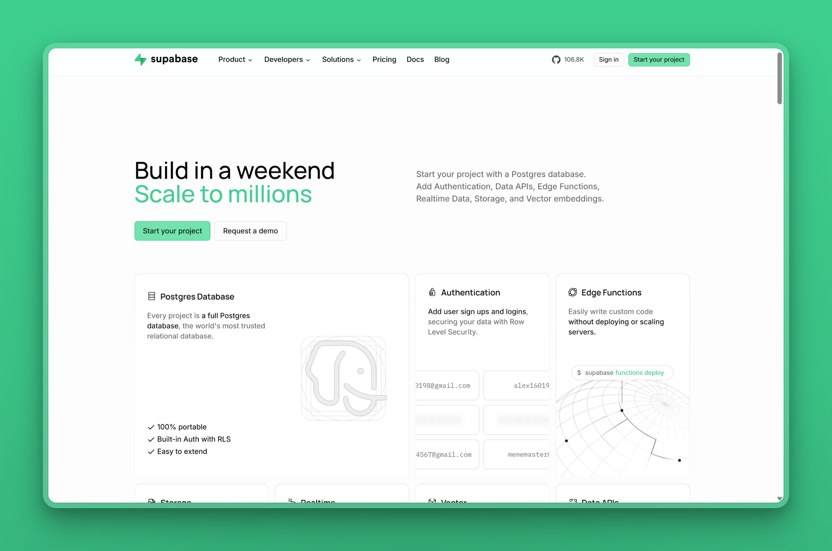 Supabase homepage showing its Postgres database bundled with auth, storage, and edge functions