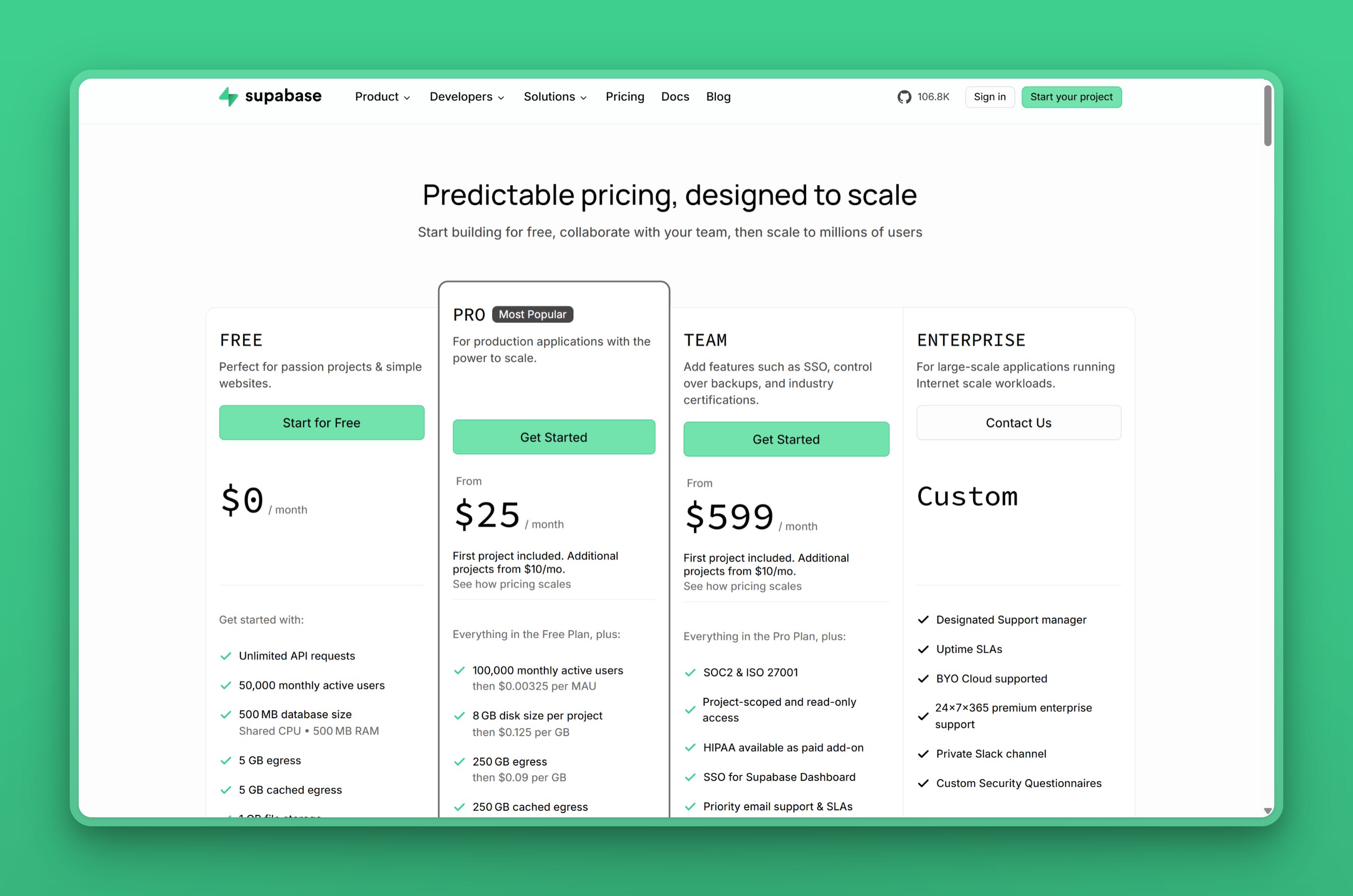 Supabase pricing page showing Free, Pro, Team, and Enterprise tiers