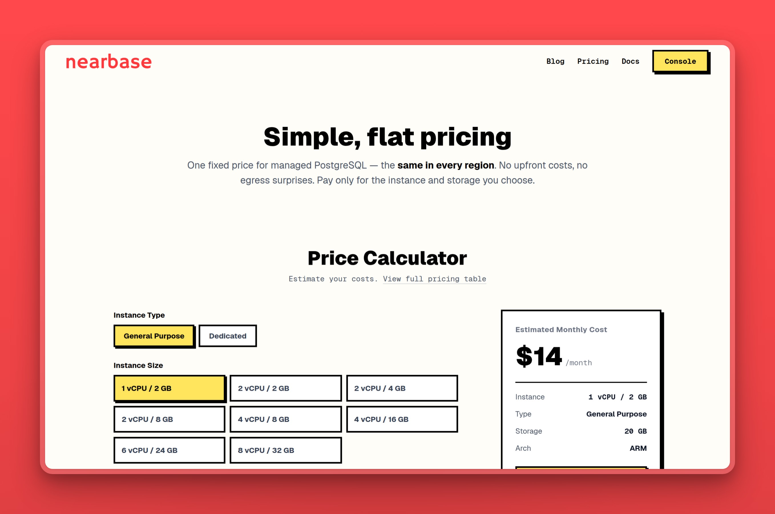Nearbase pricing page: entry starts at $6 a month for the instance plus separately billed storage
