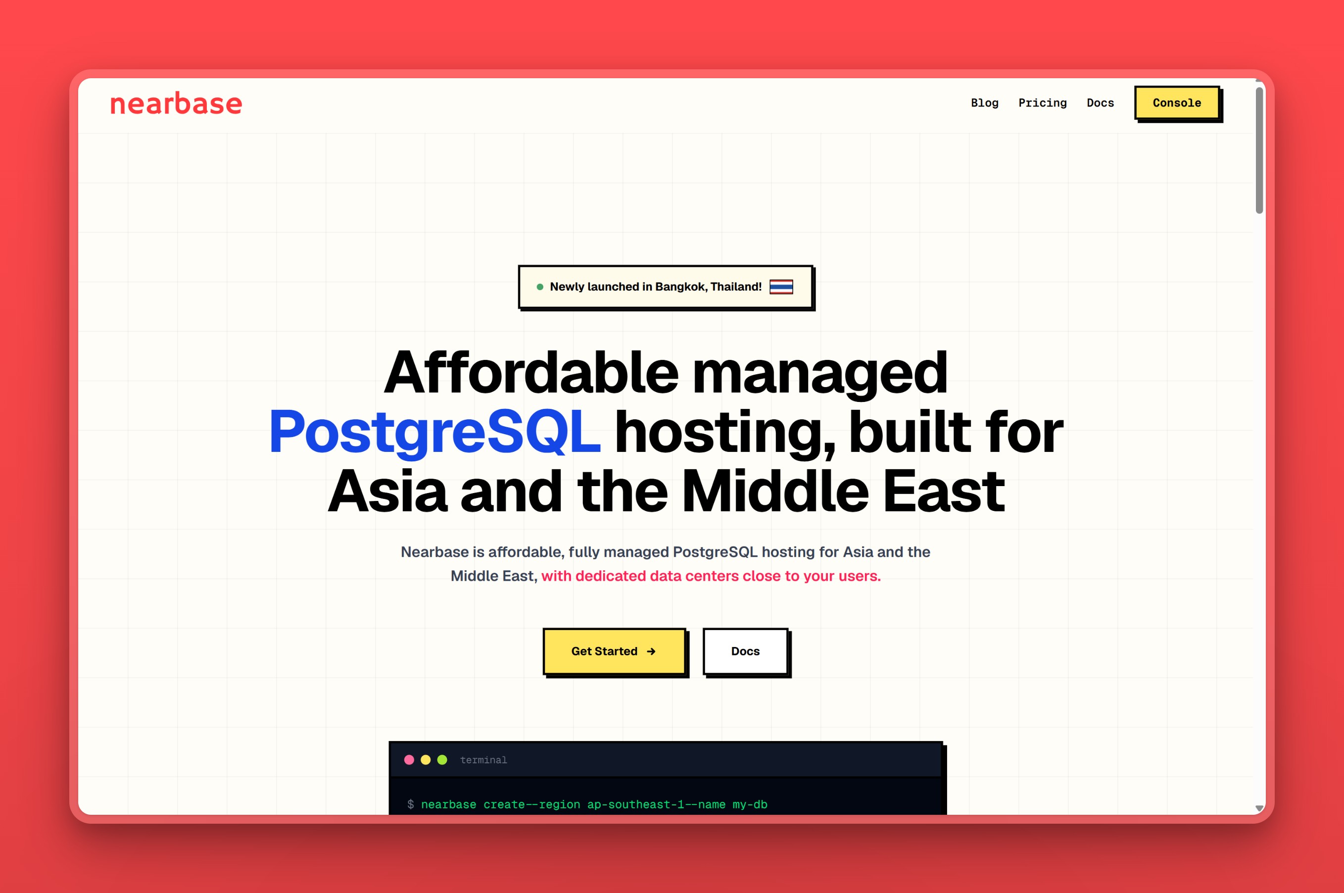 Nearbase homepage describing its affordable managed PostgreSQL hosting for Asia and the Middle East