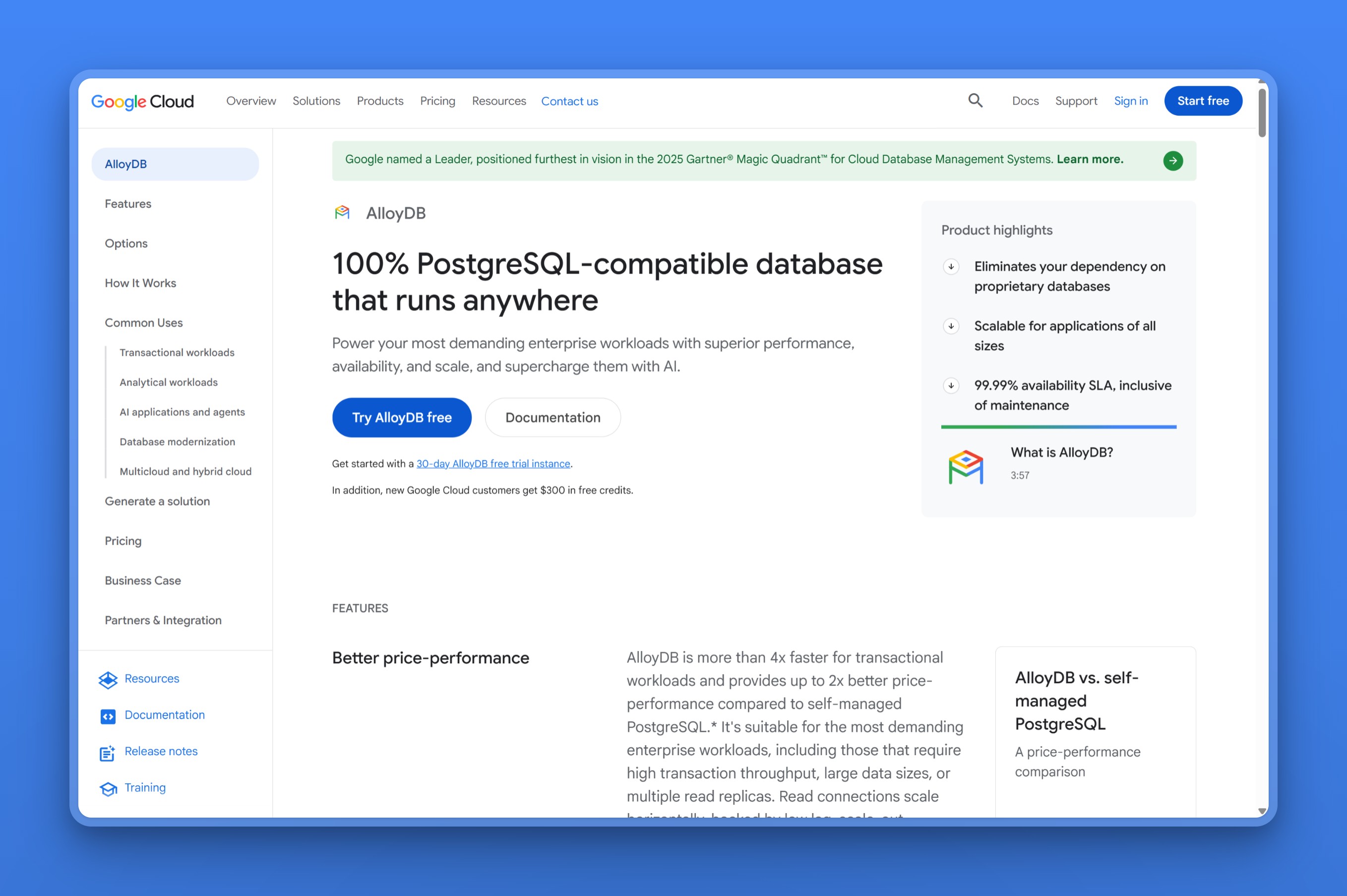 Google AlloyDB homepage describing its 100 percent PostgreSQL compatible database