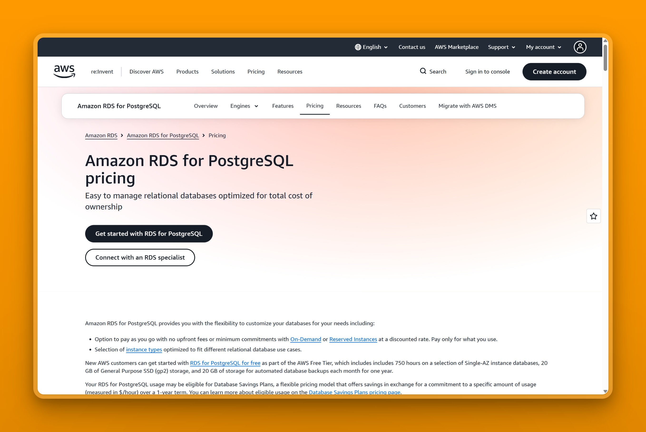 Amazon RDS for PostgreSQL pricing page showing on-demand instance, storage, and backup sections