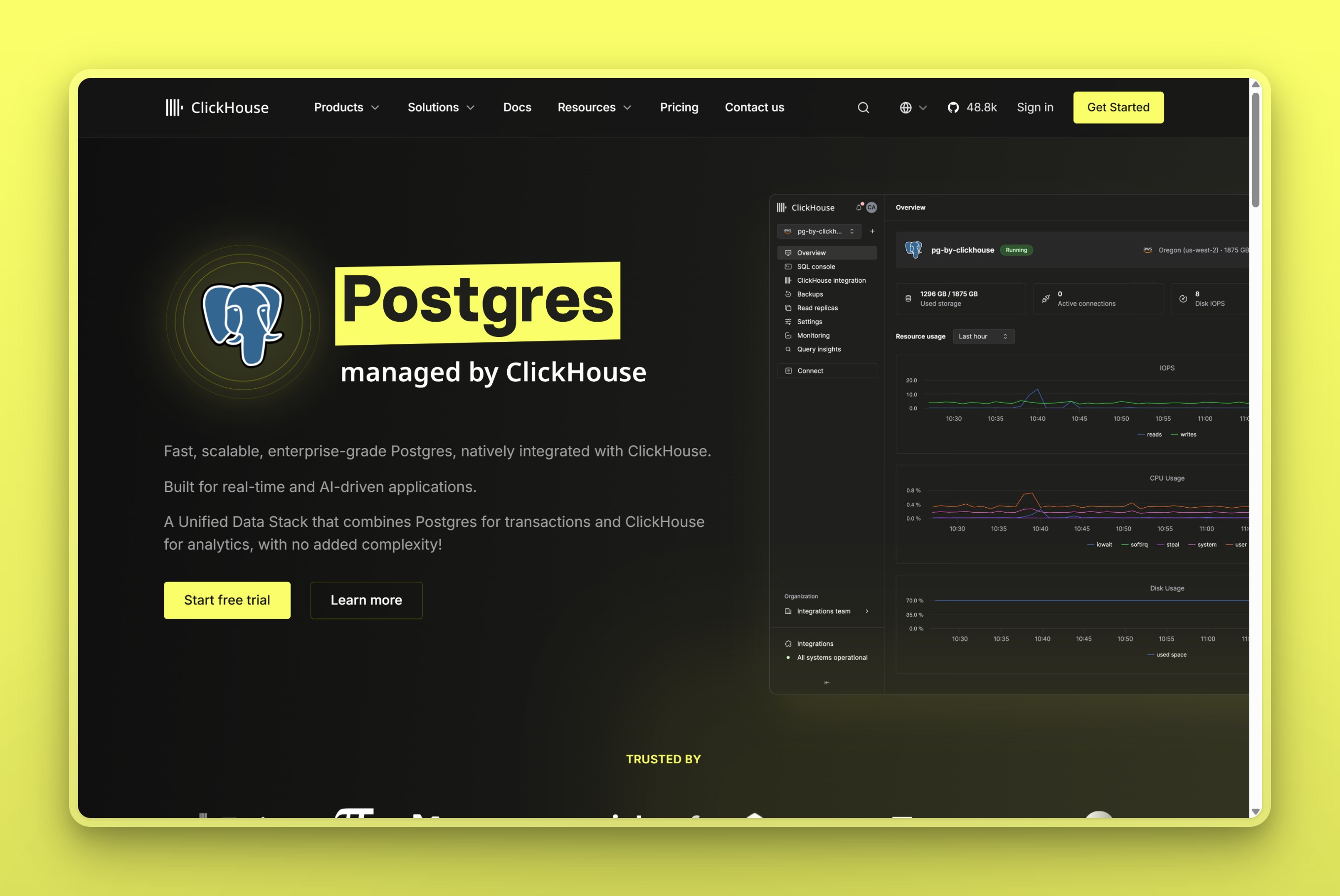 Postgres managed by ClickHouse homepage showing its dashboard with native change data capture into ClickHouse
