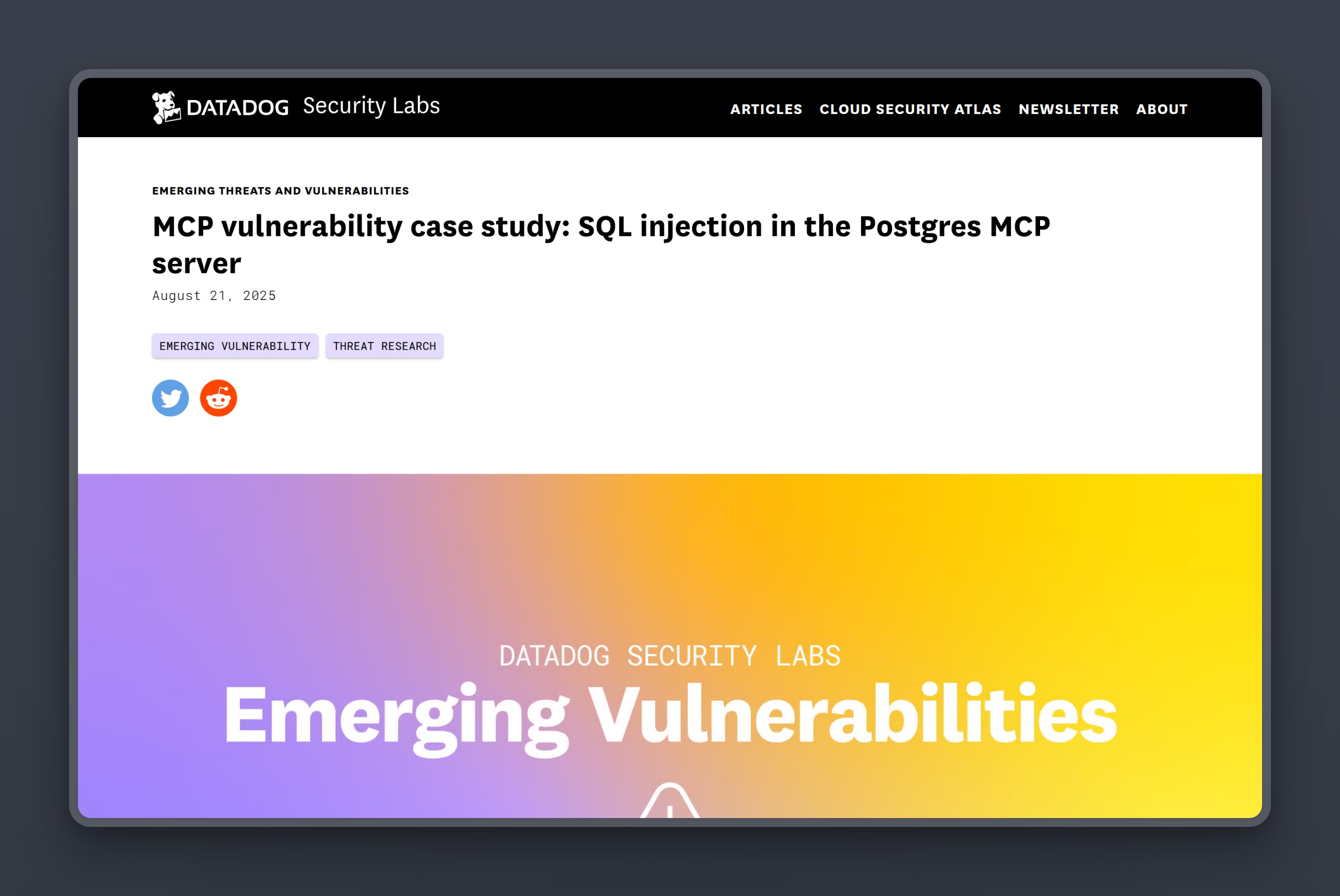 Datadog Security Labs documented the SQL injection vulnerability in the reference Postgres MCP server