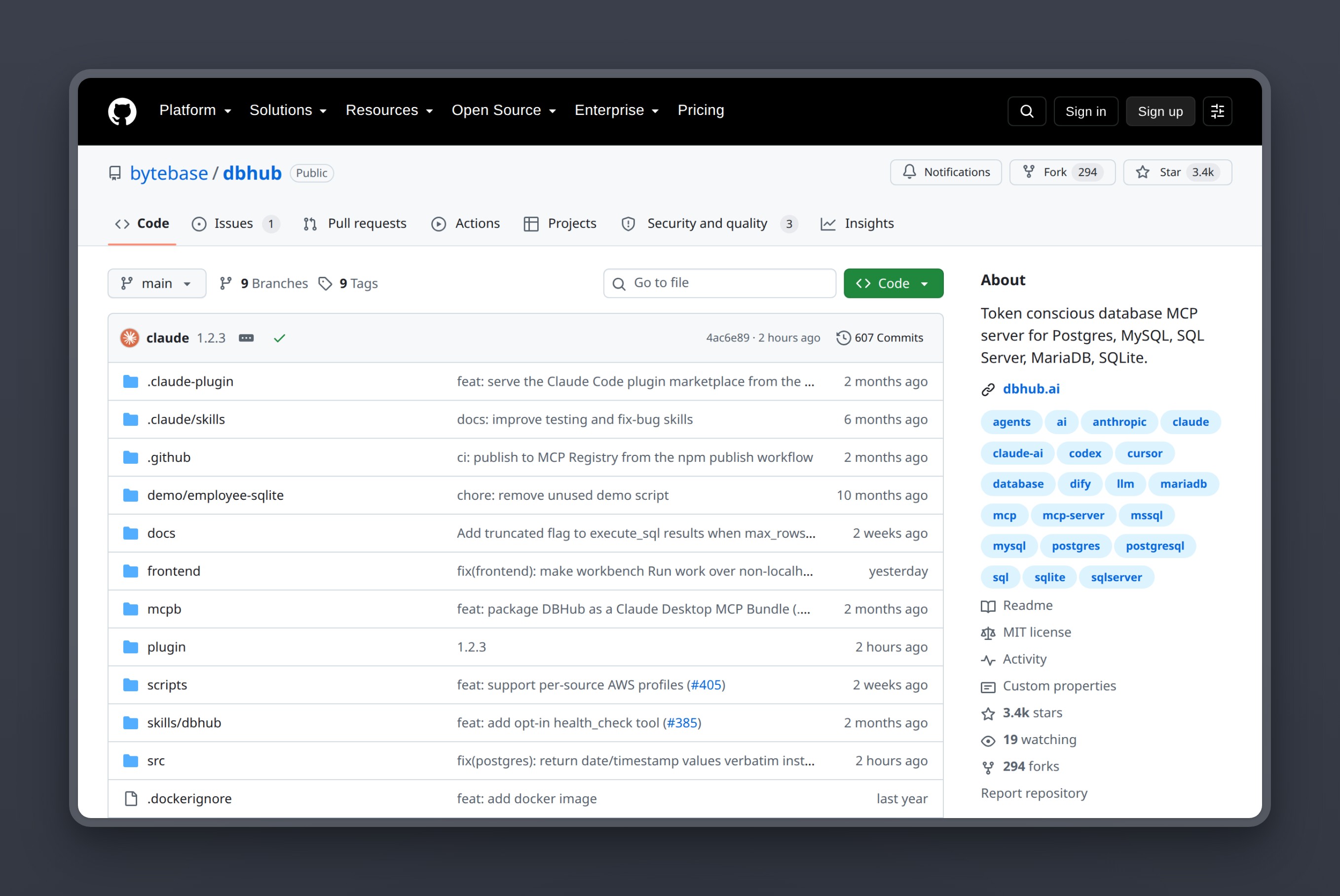 DBHub by Bytebase: 2 tools at 1,400 tokens, supporting Postgres, MySQL, and SQLite