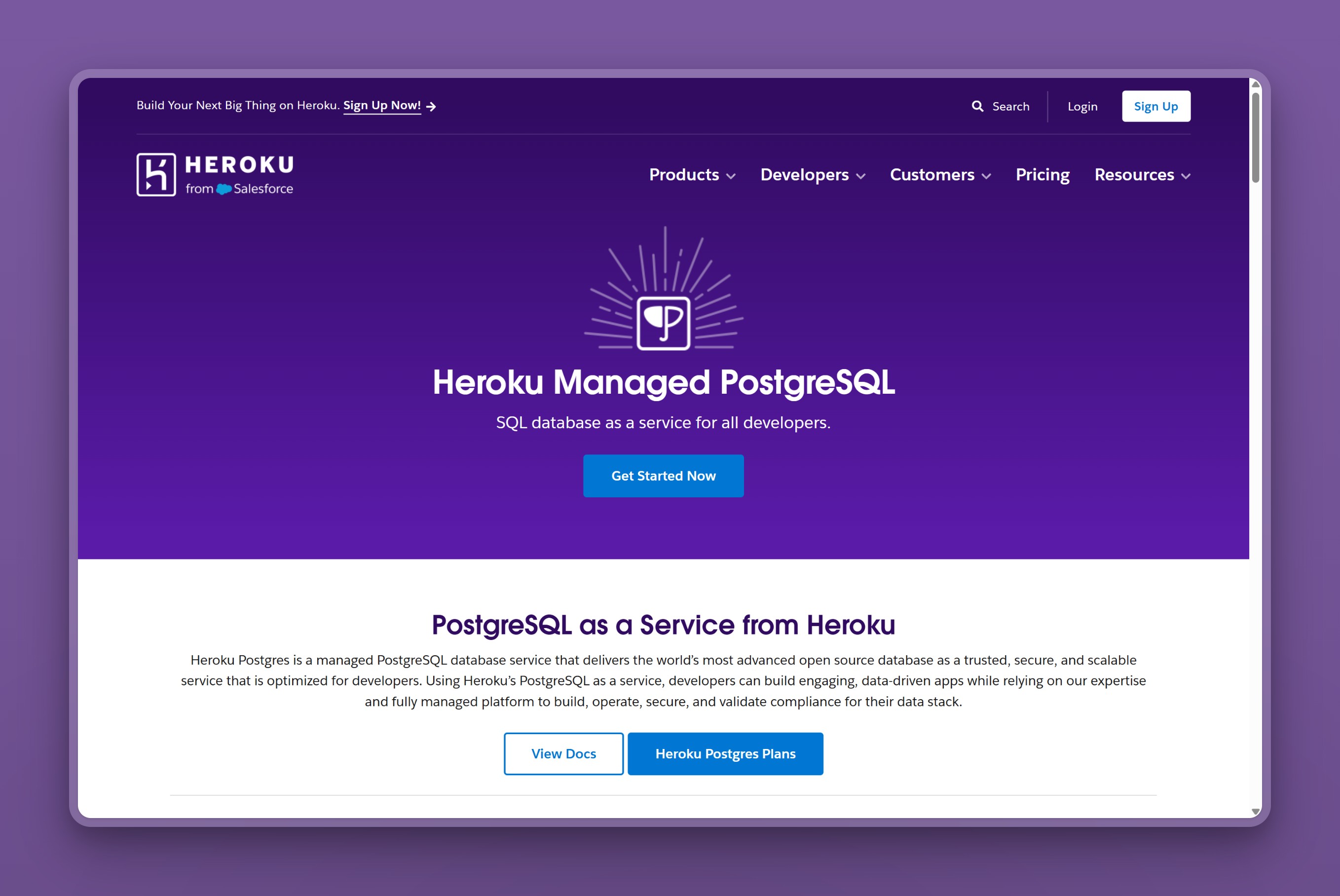 Heroku Postgres homepage introducing its managed PostgreSQL service