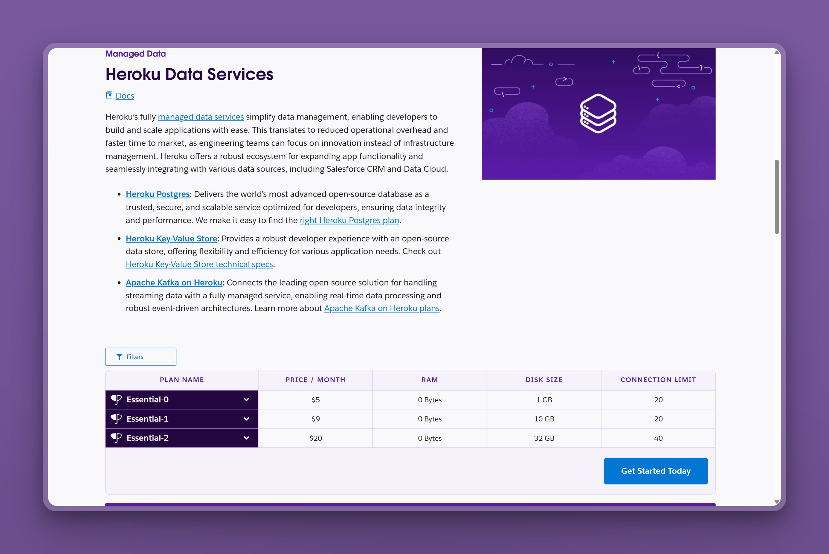 Heroku Postgres Essential plan pricing table showing monthly price, RAM, disk size, and connection limit per tier