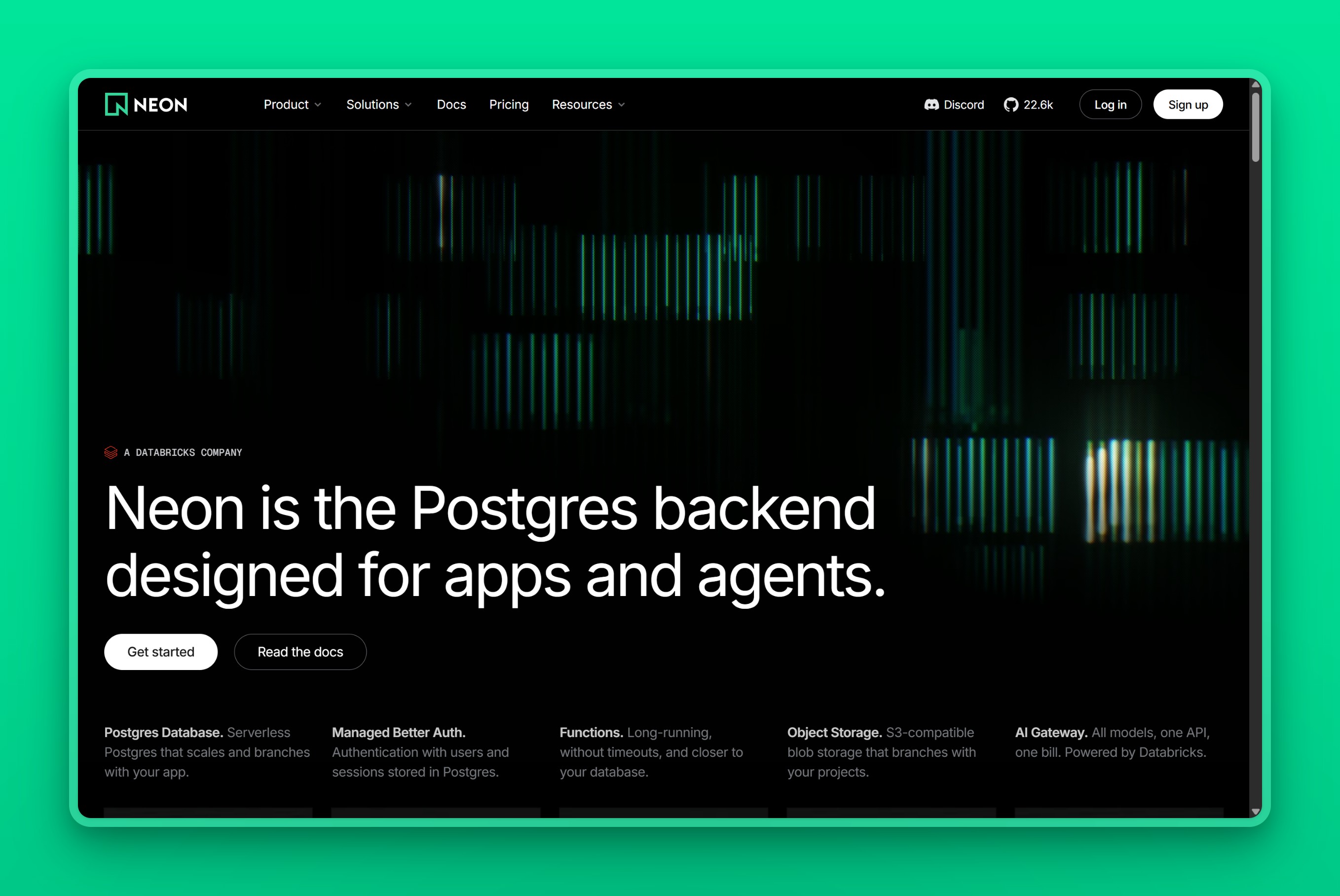 Neon homepage showing its serverless Postgres branding and product dashboard