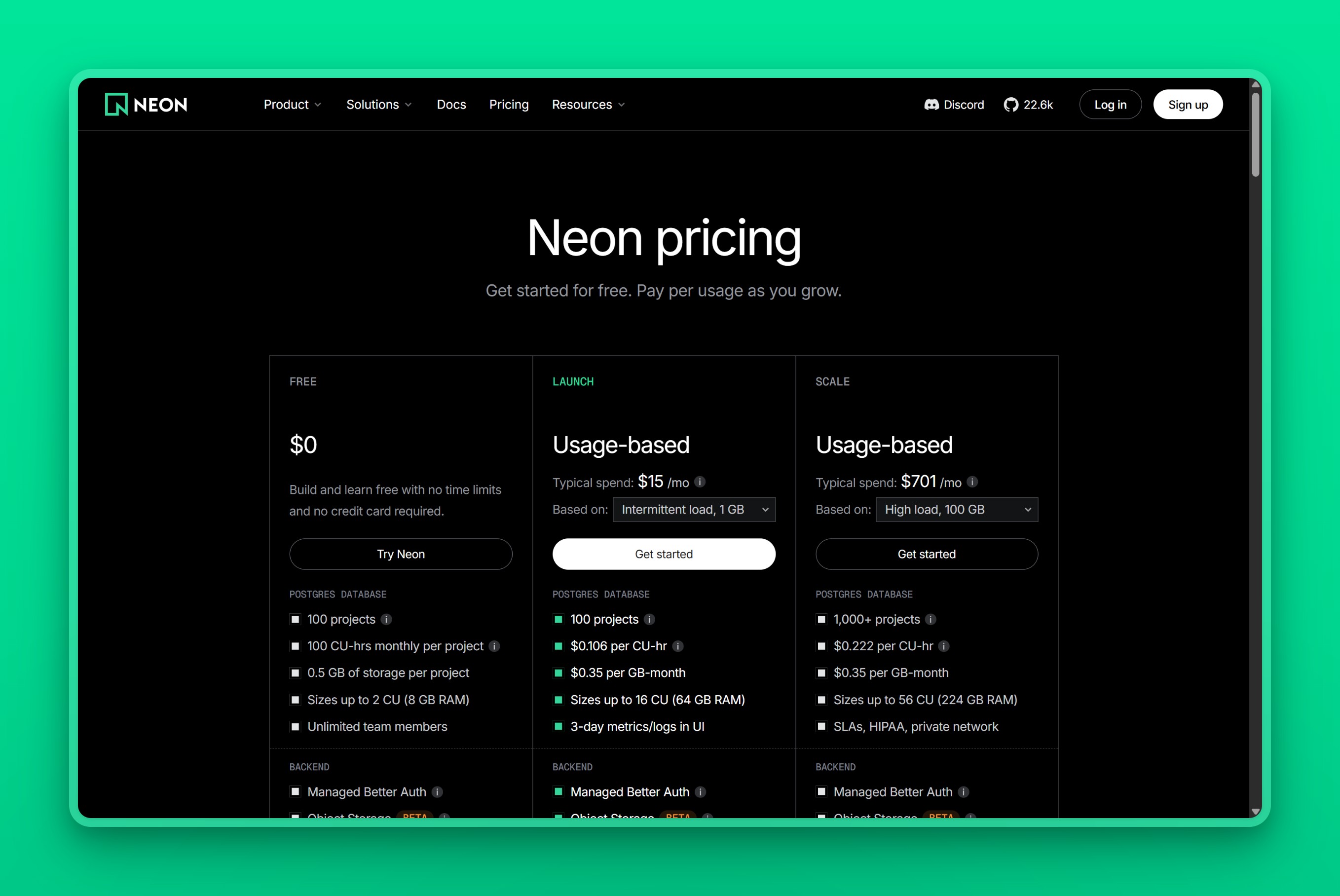 Neon pricing page listing the Free, Launch and Scale plans with CU-hour and GB-month rates