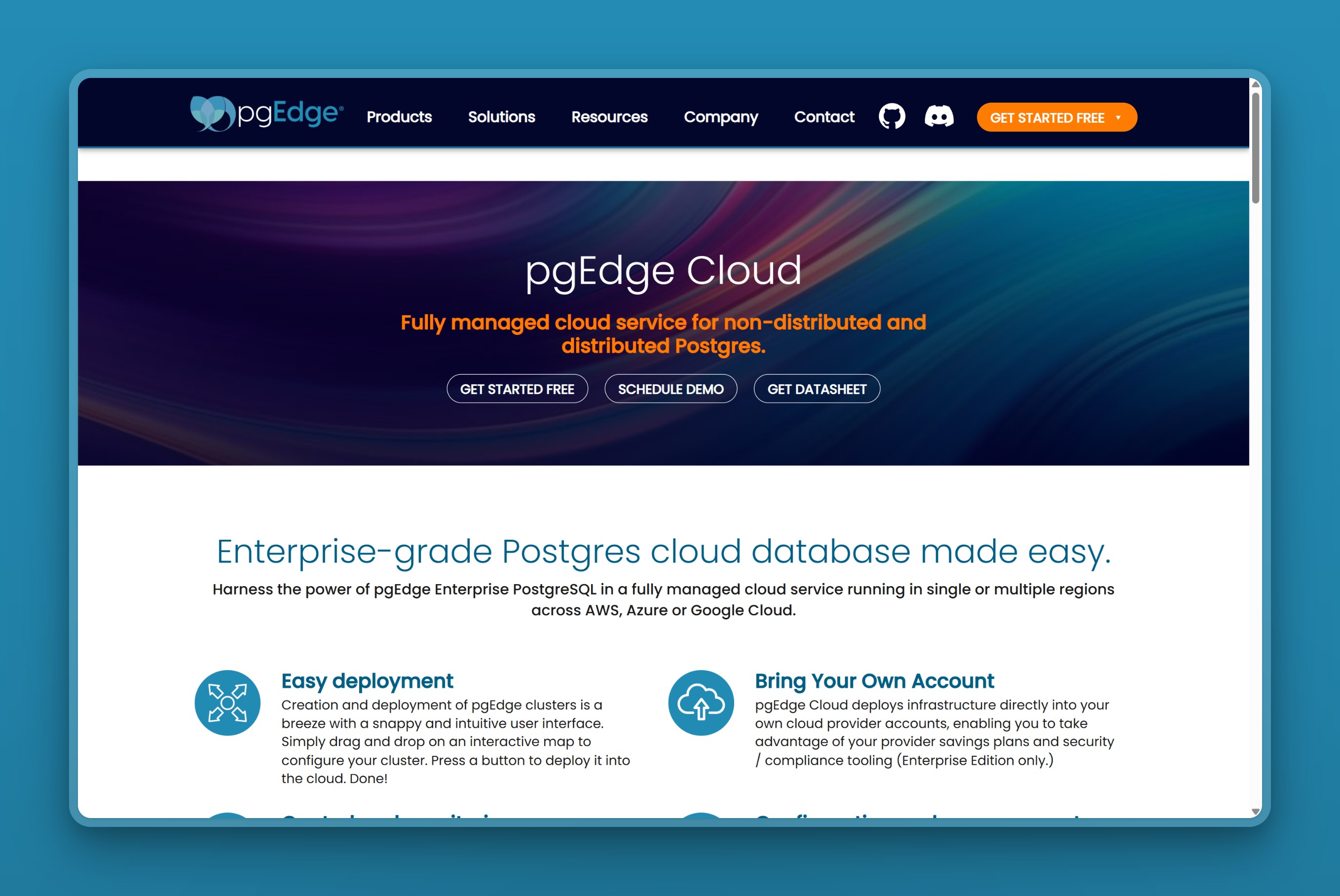 pgEdge Cloud product page showing its fully managed service for distributed and non-distributed Postgres