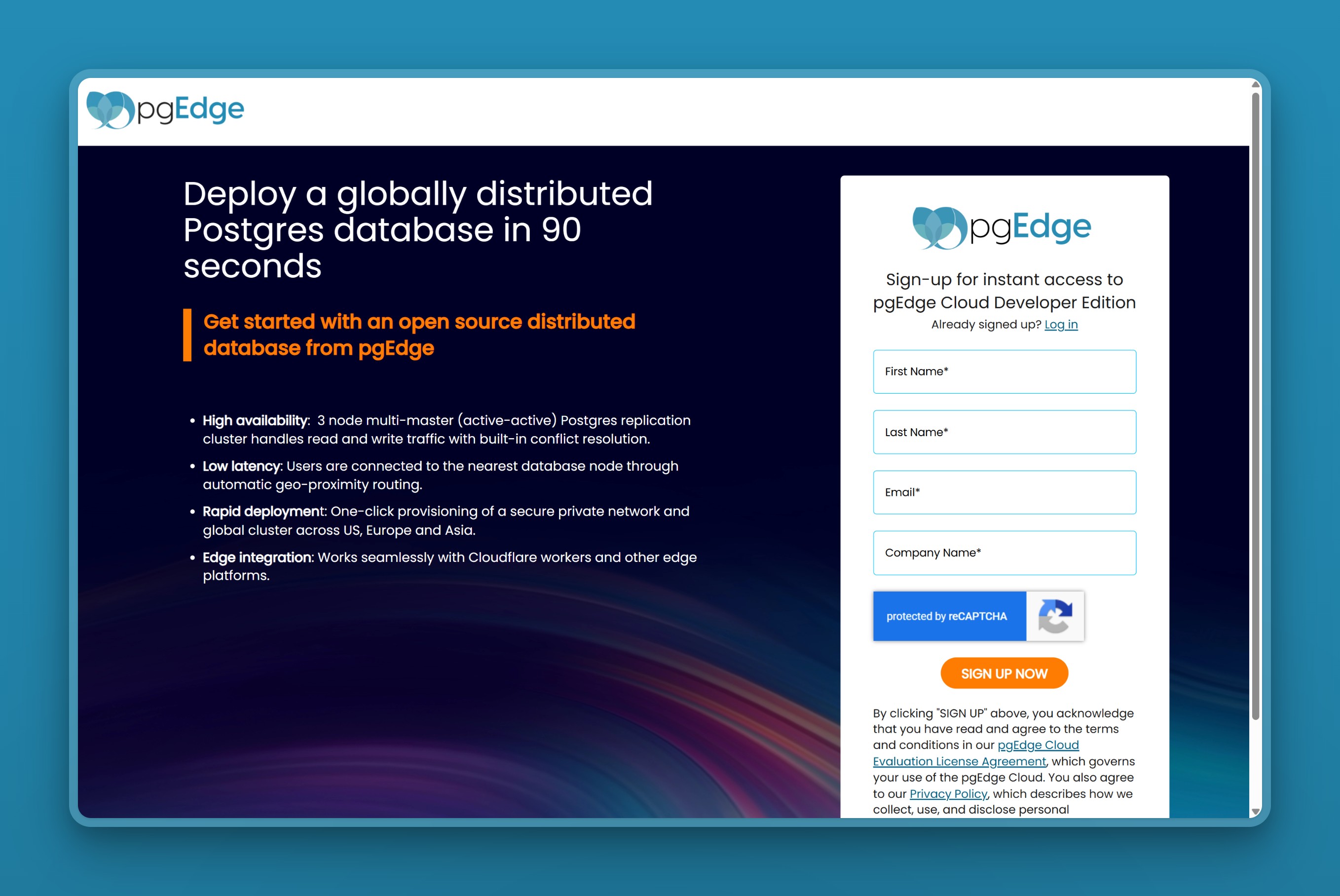 pgEdge Cloud Developer Edition signup page, the only self-serve tier pgEdge publishes a price for