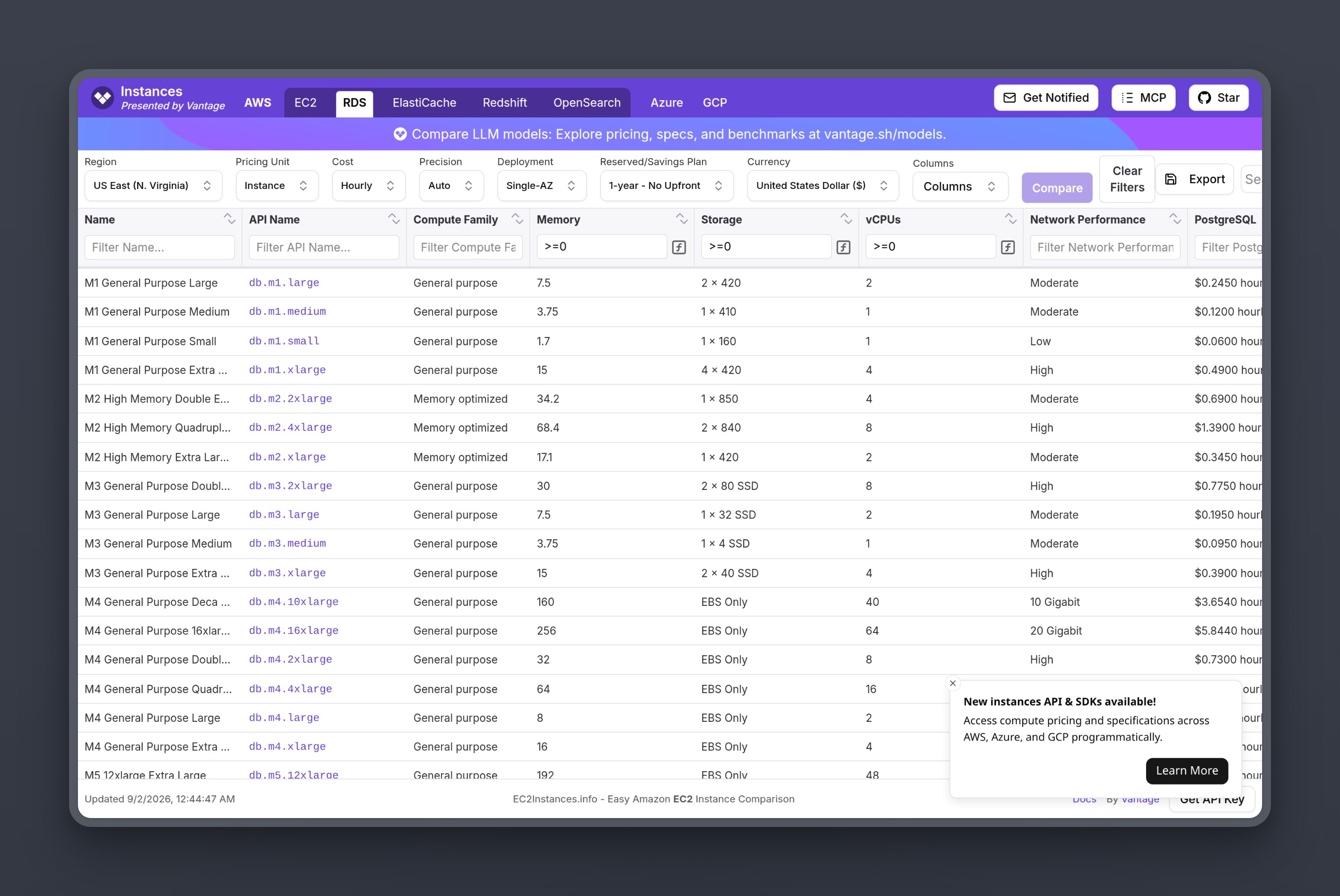 RDS instance pricing on instances.vantage.sh